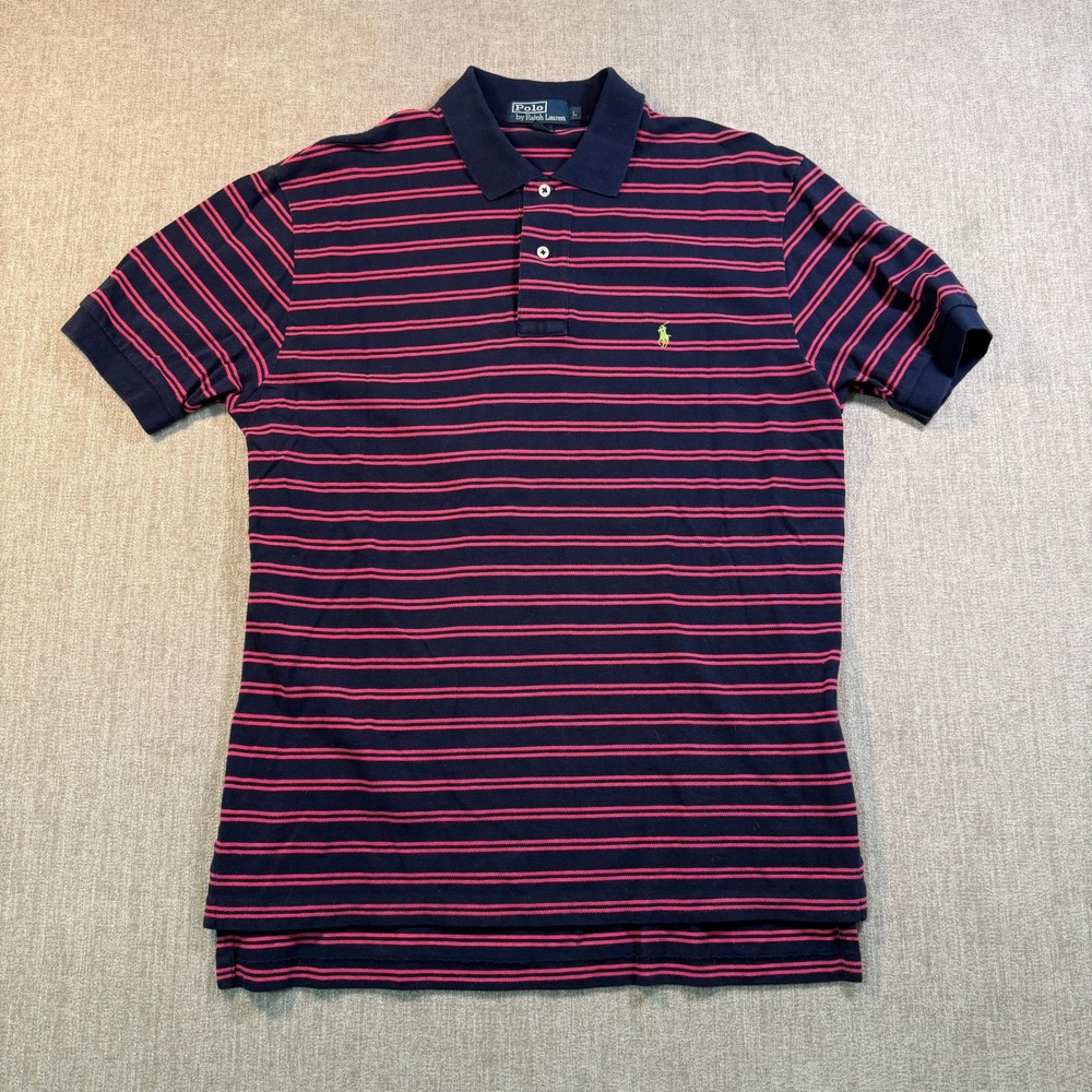 Polo Ralph Lauren Mens Large Navy Pink Striped Short Sleeve Cotton Polo Shirt